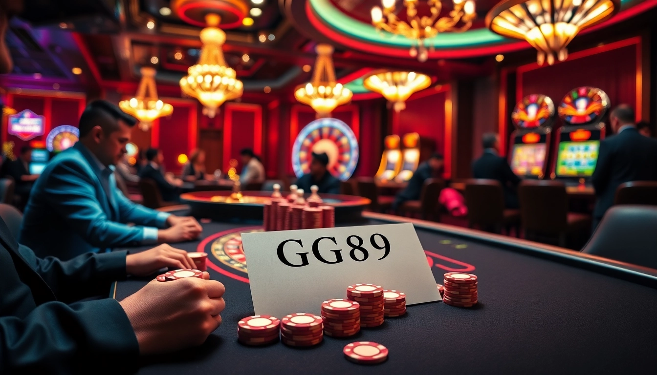 Experience GG89 excitement at a high-stakes poker game surrounded by vibrant casino action.